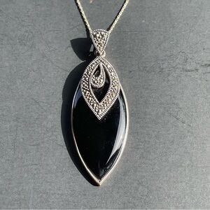 Black Onyx Marcasite Oval Sterling Silver Pendant Chain